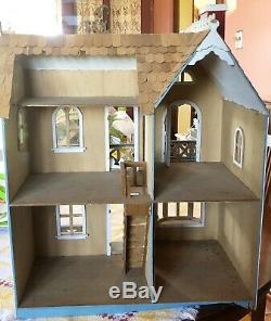 Vintage Antique Blue Wood Wooden Victorian Handmade Dollhouse Cottage 24 Tall