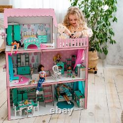 Wood dollhouse with bathroom, living room & kitchen furniture, mini toys