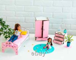 Wood dollhouse with bathroom, living room & kitchen furniture, mini toys