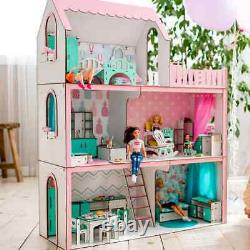 Wood dollhouse with bathroom, living room & kitchen furniture, mini toys