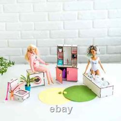 Wood dollhouse with bathroom, living room & kitchen furniture, mini toys