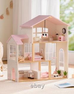 Wooden Doll House for Girls, Dollhouse Kit with 6 Rooms & 37 Pcs Dollhouse Furnit