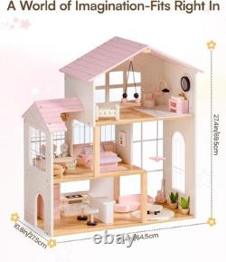 Wooden Doll House for Girls, Dollhouse Kit with 6 Rooms & 37 Pcs Dollhouse Furnit