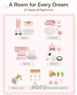 Wooden Doll House for Girls, Dollhouse Kit with 6 Rooms & 37 Pcs Dollhouse Furnit