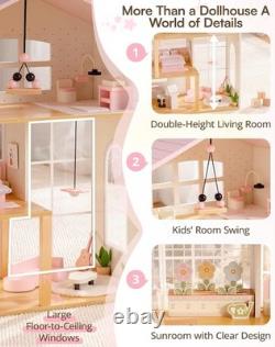 Wooden Doll House for Girls, Dollhouse Kit with 6 Rooms & 37 Pcs Dollhouse Furnit