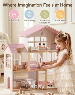 Wooden Doll House for Girls, Dollhouse Kit with 6 Rooms & 37 Pcs Dollhouse Furnit