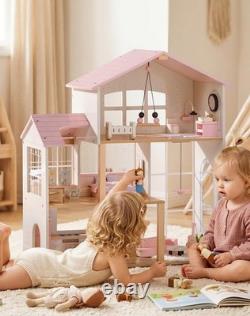 Wooden Doll House for Girls, Dollhouse Kit with 6 Rooms & 37 Pcs Dollhouse Furnit