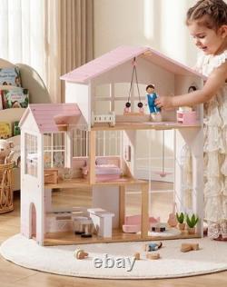 Wooden Doll House for Girls, Dollhouse Kit with 6 Rooms & 37 Pcs Dollhouse Furnit