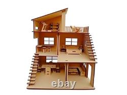Wooden Doll House with Furniture & Open Gym, DIY Kit for Kids