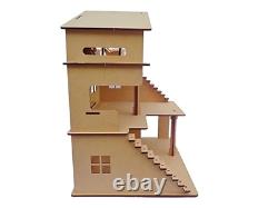Wooden Doll House with Furniture & Open Gym, DIY Kit for Kids
