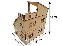 Wooden Doll House with Furniture & Open Gym, DIY Kit for Kids