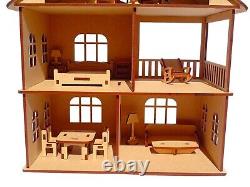 Wooden Doll House with Furniture for Kids, Dollhouse Construction Kit with Assem