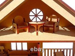 Wooden Doll House with Furniture for Kids, Dollhouse Construction Kit with Assem