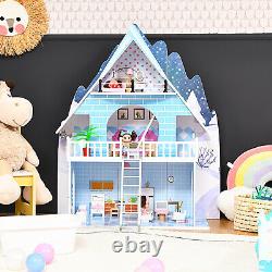 Wooden Dollhouse 3-Story Pretend Playset With Furniture&Doll Gift for Age 3+ Year