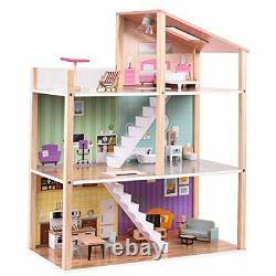 Wooden Dollhouse Dreamhouse with Light 17pcs Furnitures Movable Stairs Preten
