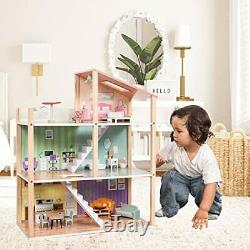 Wooden Dollhouse Dreamhouse with Light 17pcs Furnitures Movable Stairs Preten