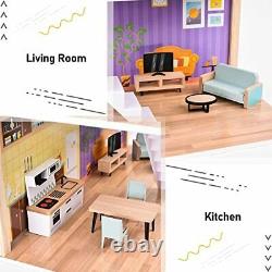 Wooden Dollhouse Dreamhouse with Light 17pcs Furnitures Movable Stairs Preten