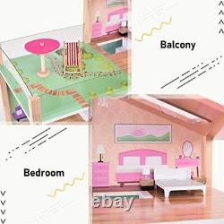 Wooden Dollhouse Dreamhouse with Light 17pcs Furnitures Movable Stairs Preten