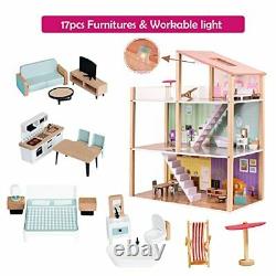 Wooden Dollhouse Dreamhouse with Light 17pcs Furnitures Movable Stairs Preten