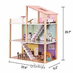 Wooden Dollhouse Dreamhouse with Light 17pcs Furnitures Movable Stairs Preten