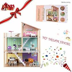 Wooden Dollhouse Dreamhouse with Light 17pcs Furnitures Movable Stairs Preten