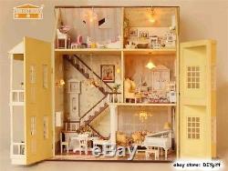 Wooden Dollhouse Miniatures DIY House Kit withLed Light and Music-Large villa