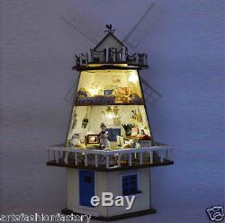 Wooden Dollhouse Miniatures DIY wind House Kit w Light windmill Cafe Coffee Shop