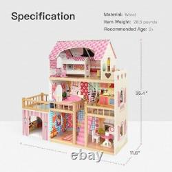 Wooden Dollhouse Toy Family House Kit with 7pcs Furniture Play Accessories Gift