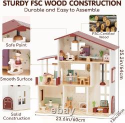 Wooden Dollhouse for Girls, Doll House with 5 Rooms DIY Play Pretend Play Drea