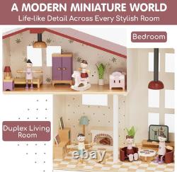 Wooden Dollhouse for Girls, Doll House with 5 Rooms DIY Play Pretend Play Drea