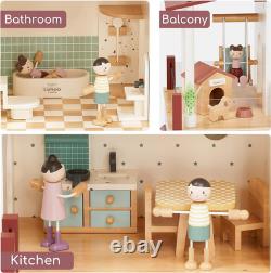 Wooden Dollhouse for Girls, Doll House with 5 Rooms DIY Play Pretend Play Drea