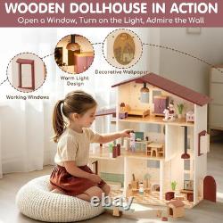 Wooden Dollhouse for Girls, Doll House with 5 Rooms DIY Play Pretend Play Drea