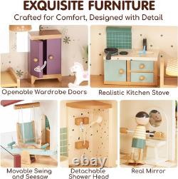 Wooden Dollhouse for Girls, Doll House with 5 Rooms DIY Play Pretend Play Drea