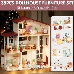 Wooden Dollhouse for Girls, Doll House with 5 Rooms DIY Play Pretend Play Drea