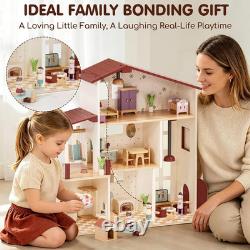 Wooden Dollhouse for Girls, Doll House with 5 Rooms DIY Play Pretend Play Drea