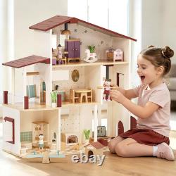 Wooden Dollhouse for Girls, Doll House with 5 Rooms DIY Play Pretend Play Drea