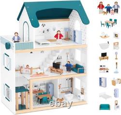 Wooden Dollhouse with Liftable Elevator 2.6 Feet High Modern Doll House for
