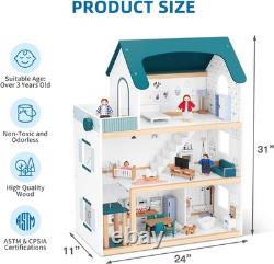 Wooden Dollhouse with Liftable Elevator 2.6 Feet High Modern Doll House for