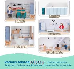 Wooden Dollhouse with Liftable Elevator 2.6 Feet High Modern Doll House for