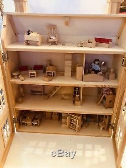 Wooden Multi-Level Handmade Dollhouse with 75+ pcs Furniture & 4 Doll Family