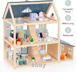 Wooden Toys Dollhouse 3 Story Dollhouse Kit with Doll House Accessories
