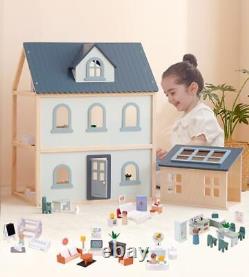 Wooden Toys Dollhouse, 3 Story Dollhouse Kit with Doll House Accessories and F
