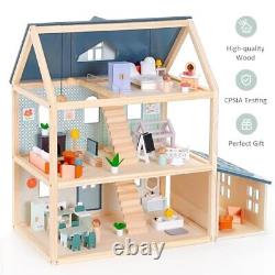 Wooden Toys Dollhouse, 3 Story Dollhouse Kit with Doll House Accessories and F
