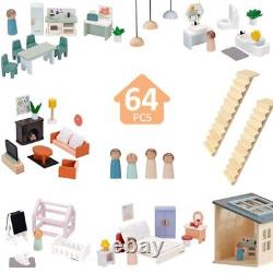Wooden Toys Dollhouse, 3 Story Dollhouse Kit with Doll House Accessories and F