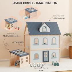 Wooden Toys Dollhouse, 3 Story Dollhouse Kit with Doll House Accessories and F