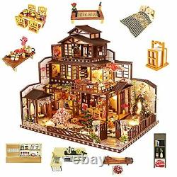 YUZHEN DIY Miniature Dollhouse Kit with Furniture and LED Lights Japanese Woo